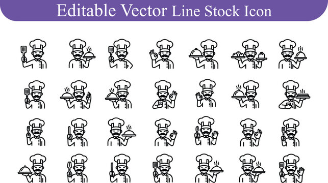 Editable vector line icons set of male chefs with various kitchen tools and serving dishes restaurant culinary