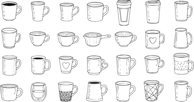 Black and White Line Art Collection of Various Coffee Mugs and Cups, Vector Illustration