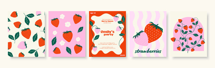 Strawberry Illustration Collection with Patterns and Party Invitation Templates © Eleni