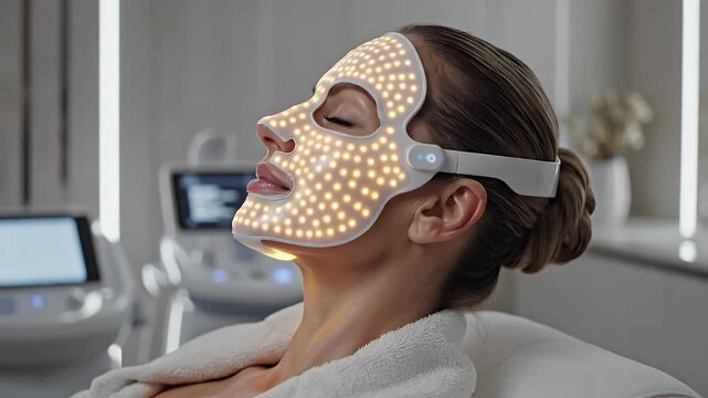 Woman Experiencing Advanced Phototherapy Facial Treatment With LED Light Therapy Mask In A Modern Spa Setting With Soft Ambient Lighting