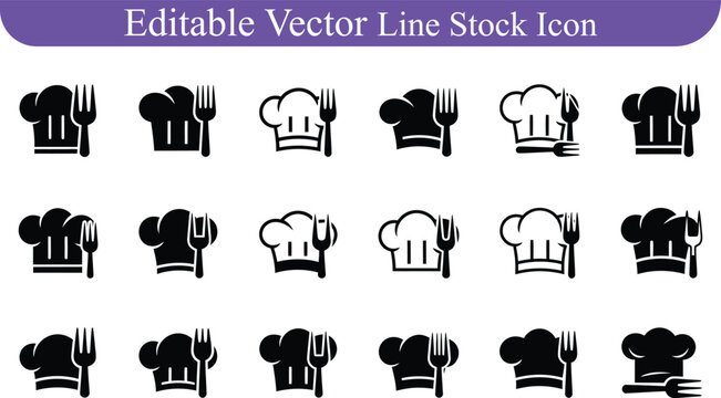 Minimalist black and white chef hat fork knife icons set for restaurant and cafe branding culinary