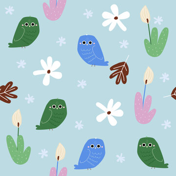 Funny seamless pattern with owls and plants. Kids graphic. Vector hand drawn illustration.