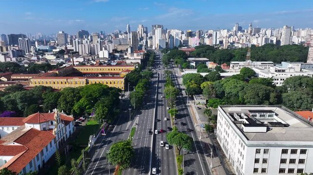 23Rd Of May Avenue In Sao Paulo Brazil. Breathtaking Aerial View Of Busy Traffic In A Freeway Road. Business Sky Downtown Cityscape. Outdoor Downtown Panoramic City. Sao Paulo Brazil.
