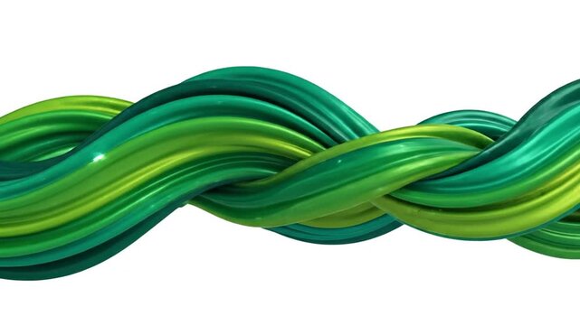 Abstract 3D render of smooth green wavy tubular lines flowing horizontally across a solid white background. Features glossy cable-like shapes in varying shades of emerald and lime green.