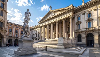 Obraz premium A grand, ornate building with a classical facade and sculpture in a sunlit square. People can be seen near it