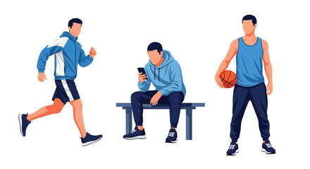 Collection set vector flat style of 3 men wearing sport outfits in active poses, athletic lifestyle characters isolated on clean background for fitness and training concepts © Amie