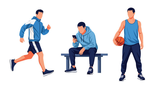 Collection set vector flat style of 3 men wearing sport outfits in active poses, athletic lifestyle characters isolated on clean background for fitness and training concepts