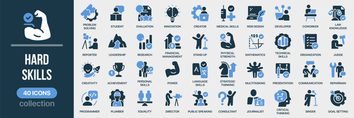 Hard skills fill icon collection. Includes professional abilities, technical knowledge, education, productivity and career development symbols. Created in colored style with blue palette © stas111