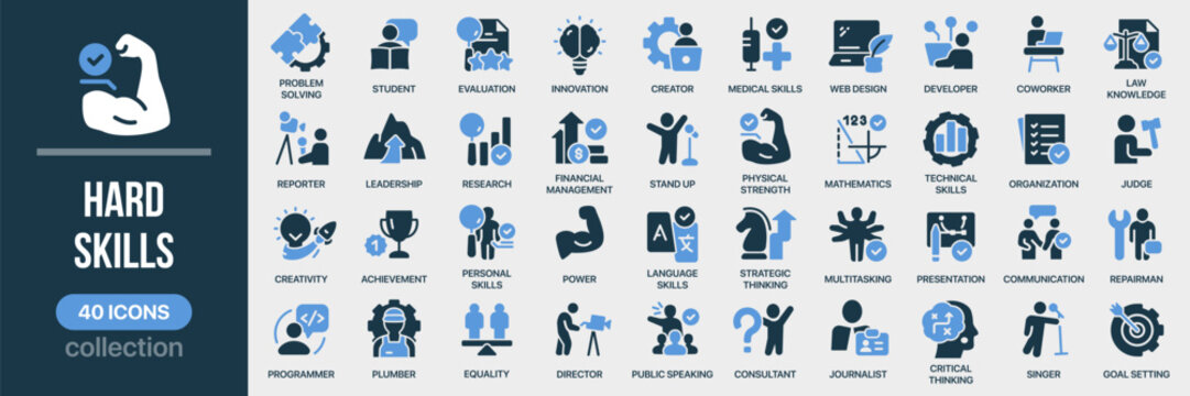 Hard skills fill icon collection. Includes professional abilities, technical knowledge, education, productivity and career development symbols. Created in colored style with blue palette