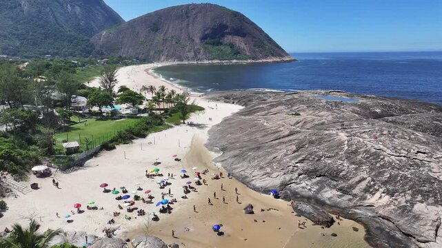 Itacoatiara Beach In Niteroi Rio De Janeiro Brazil. Bird Eye View Of A Amazing Coastal Beach In The Summer Holiday. Paradise Landscape Idyllic Stunning. Summertime Idyllic Coast.