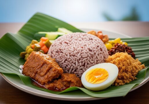 Nasi lemak with purple rice, spicy chicken rendang, hardboiled egg, and traditional side dishes on banana leaf