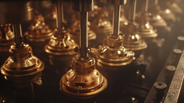 Intricate brass mechanical components in a manufacturing setting showcasing detailed precision engineering and industrial craftsmanship.