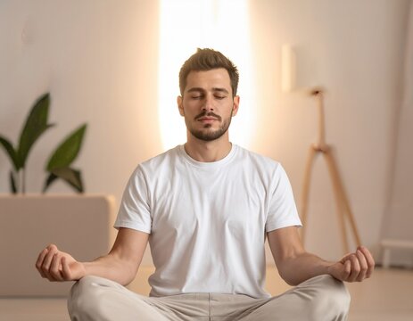 A person sitting in a comfortable position, eyes closed, with a soft glowing light