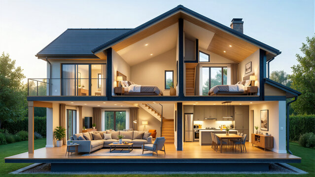 Modern house interior with living room kitchen and bedroom sections