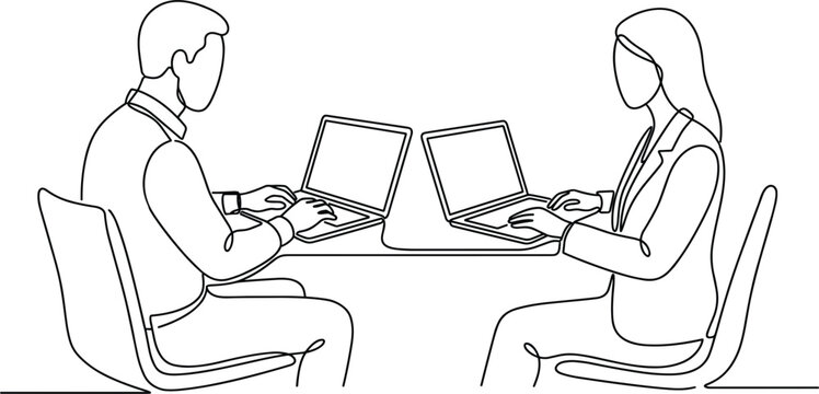 Two professionals working on laptops facing each other modern office communication line art vector illustration for business workflow