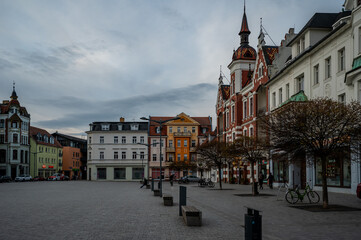 Obraz premium Historic market square with traditional architecture in Finsterwalde, Brandenburg, Germany