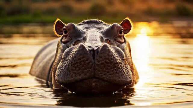 A large hippopotamus (Hippopotamus amphibius) is partially submerged in a river during golden hour, with its head and wet back reflecting the warm light of the setting sun.