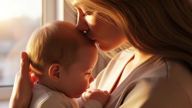 Close up of a mother kissing her baby's head with soft natural light