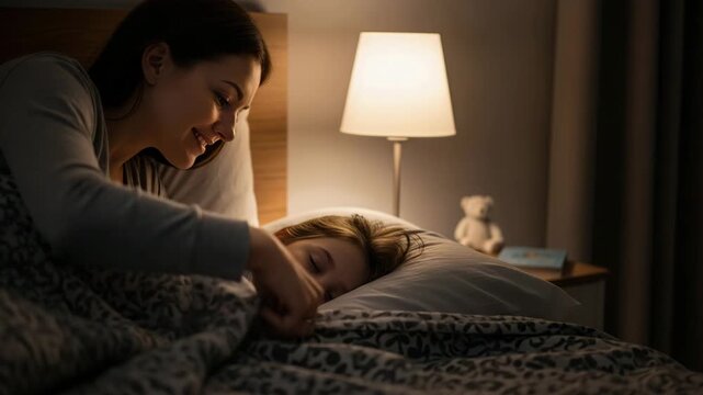 Mother tucking her child into bed and saying goodnight