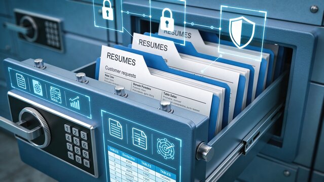 A digital filing cabinet with blue drawers containing labeled folders for resumes. Security icons are displayed above, indicating data protection.