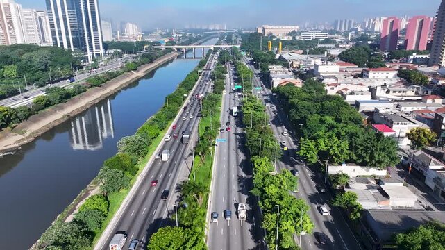 Sao Paulo Skyline In Sao Paulo Brazil. Breathtaking Aerial View Of Busy Traffic In A Freeway Road. Town Sky Background Backgrounds Urban. Outdoors Backgrounds Up Above. Sao Paulo Brazil.