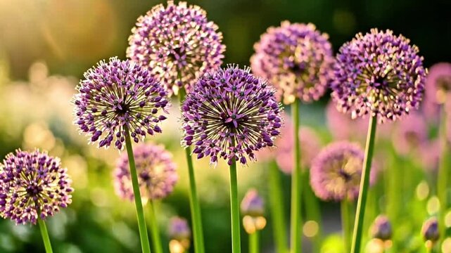 Gentle swaying of tall allium flower globes in a summer breeze against a soft background.