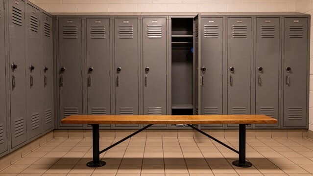 A row of gray lockers in a changing room with a wooden bench in front. One locker is open, revealing empty space inside.