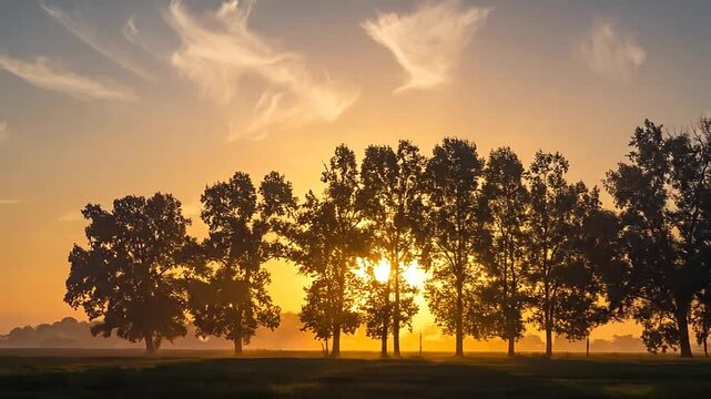 A beautiful golden sunrise illuminates a row of trees in a peaceful meadow