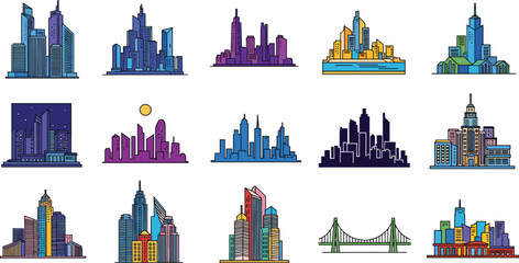 Vector Illustration Set of City Skylines, Urban Architecture, and Modern Buildings with Day and Night Views © ABDUL HAKIM
