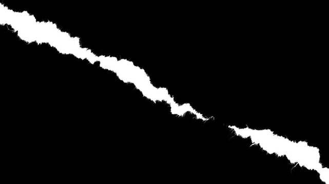 Diagonal paper strip with large rough jagged edges and visible fiber texture. Luma matte mask element for dynamic video transitions, stop-motion reveals and organic paper rip effects.