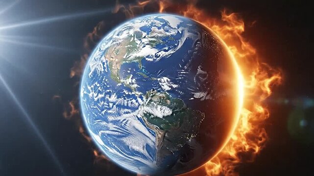 A bright star illuminates the blue planet floating in the dark void of deep space