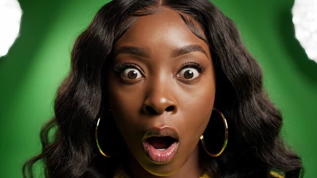 Shocked African American Woman Reacts with Wide Eyes and Open Mouth on Green Screen.