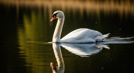 Obraz premium A majestic swan glides gracefully across a reflective lake surface