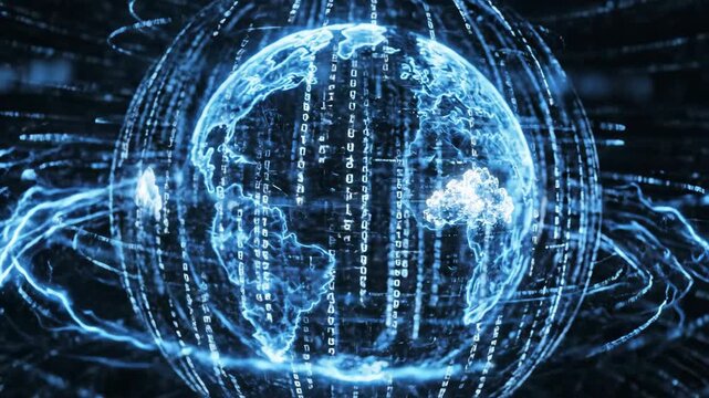 An abstract digital network sphere hovers in luminous blue energy, its surface wrapped in AI-generated data connections and cyberspace geometry.