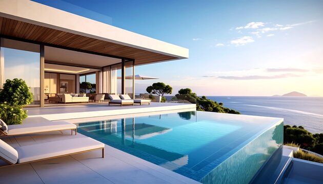 Modern luxury home with infinity pool overlooking ocean. Features open-plan design, clean lines, and stunning coastal views