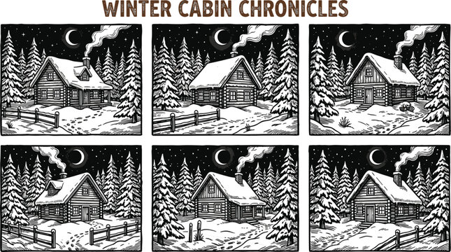 Winter cabin chronicles collection with snowy forest houses night scenes vintage engraving vector illustration set for holiday storytelling design
