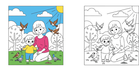 Fototapeta premium Mother and Daughter Feeding Birds in a Park, Family Outdoor Bonding Concept, Colored Illustration and Line Art Set for Kids Coloring Book Page, Nature and Childhood Activity Vector