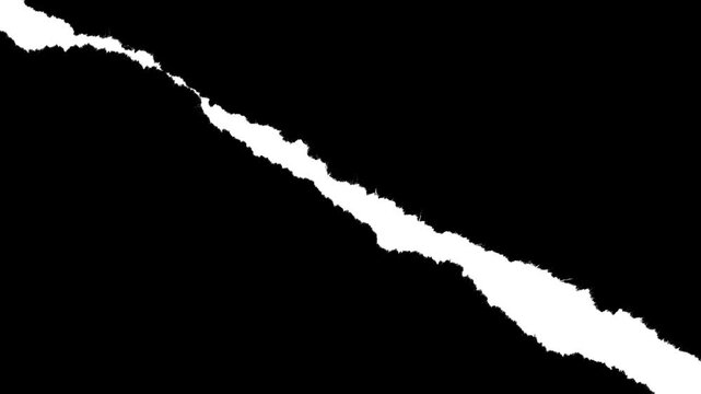 Diagonal paper strip with medium rough jagged edges and visible fiber texture. Luma matte mask element for dynamic video transitions, stop-motion reveals and organic paper rip effects.