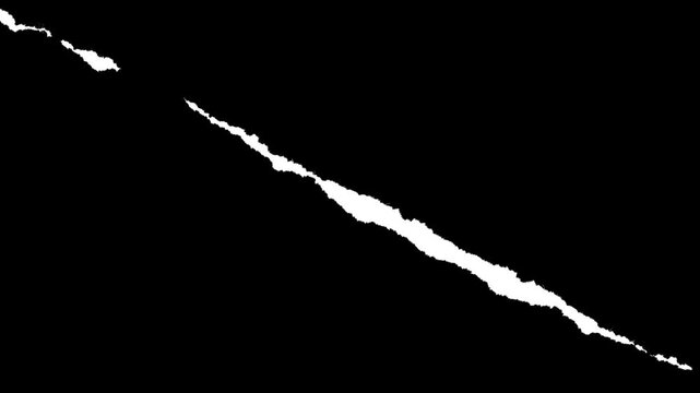 Diagonal paper strip with small rough jagged edges and visible fiber texture. Luma matte mask element for dynamic video transitions, stop-motion reveals and organic paper rip effects.