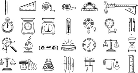 Fototapeta premium Black White Line Art Hand-drawn Science and Measurement Instruments Vector Icons Set - Laboratory Tools, Education Equipment, and Engineering Devices