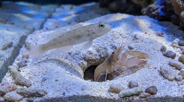 Marine tank goby swimming near a shrimp in sandy substrate  