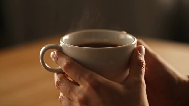 Close up of hands holding a warm cup of coffee, with steam rising from the hot beverage