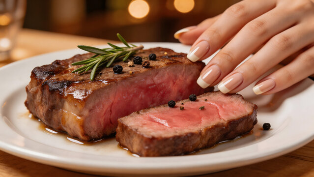 Sliced steak with garnish on plate