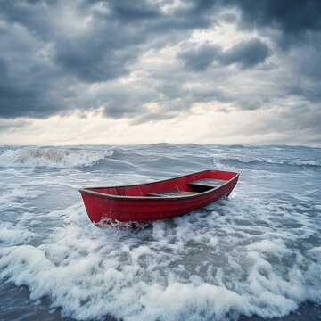 Kleines rotes Ruderboot treibt leer in den Wellen bei Sturm im Meer , Generative AI