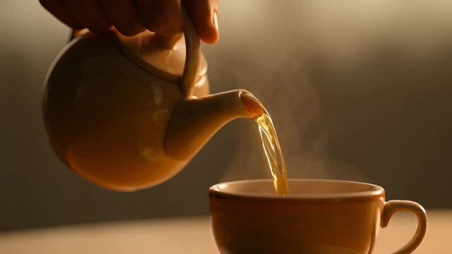 A soothing moment captured as a hand carefully pours steaming hot herbal tea from a ceramic teapot into a warm, inviting mug for relaxation
