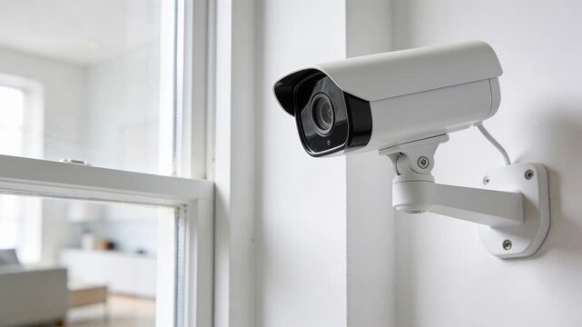 A white security camera mounted on a wall near a window in a modern interior. The camera is designed for surveillance and monitoring purposes.
