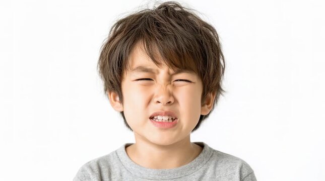 A young Asian boy with short, messy hair is grimacing while holding his cheek, indicating tooth pain. He wears a gray t-shirt against a plain white background.