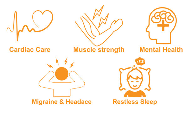 Modern healthcare icon set featuring mental health, cardiac care, migraine & headache, muscle strength, and restless sleep in a clean minimal vector style ideal for medical and wellness-related design
