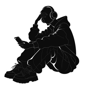 Black silhouette young man sitting with headphones and smartphone, modern urban lifestyle, monochrome illustration, vector graphics
