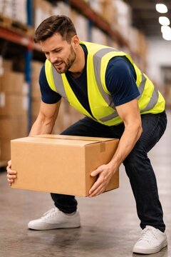 Warehouse worker bends forward lifting heavy box with strain in storage aisle.
